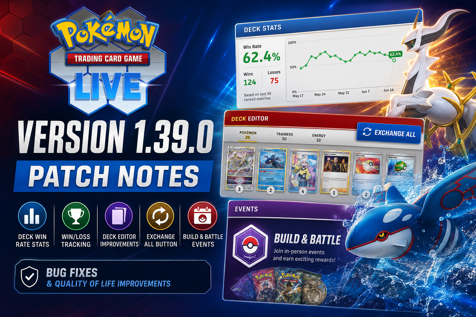 Pokémon TCG Live Version 1.39.0 Patch Notes: Deck Win Rate Stats, Exchange All Button and More